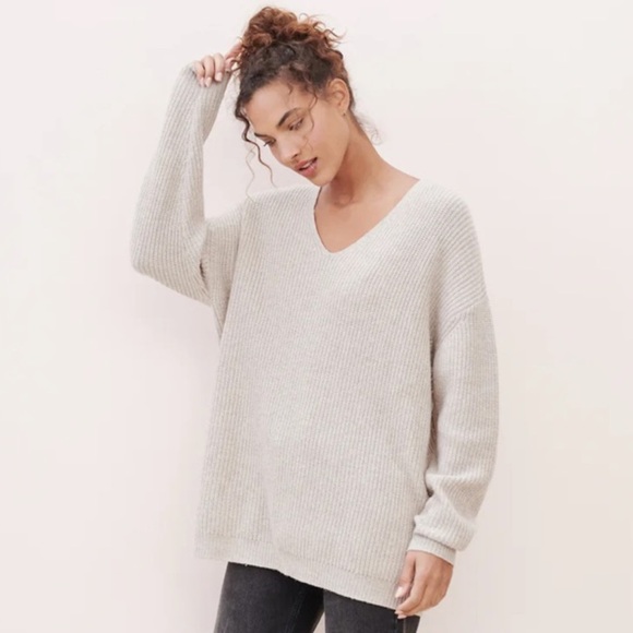 Jenni Kayne Cabin Wool Cashmere V Neck Oversized Knit Sweater Pullover Oatmeal - Picture 2 of 12